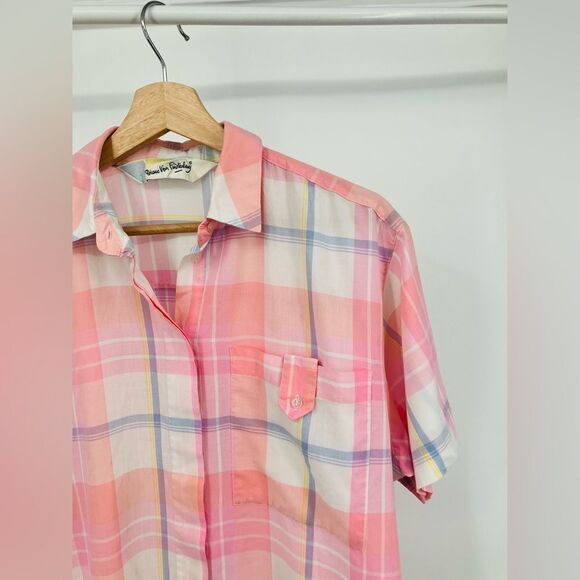 DIANE VON FURSTENBERG Womens Size LG Vintage Short Sleeve Plaid Button Up Shirt - Picture 3 of 5